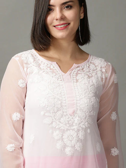 Pink Chikankari Georgette Straight Long Kurta
