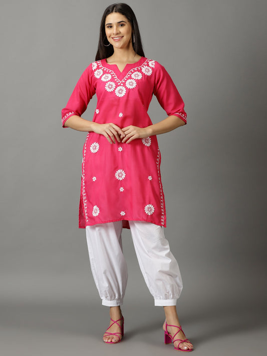 Pink Lucknowi Chikankari Kurta With Cuff Pant