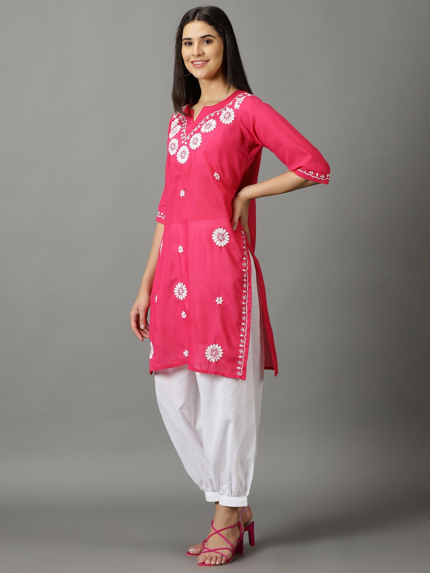 Pink Lucknowi Chikankari Kurta With Cuff Pant