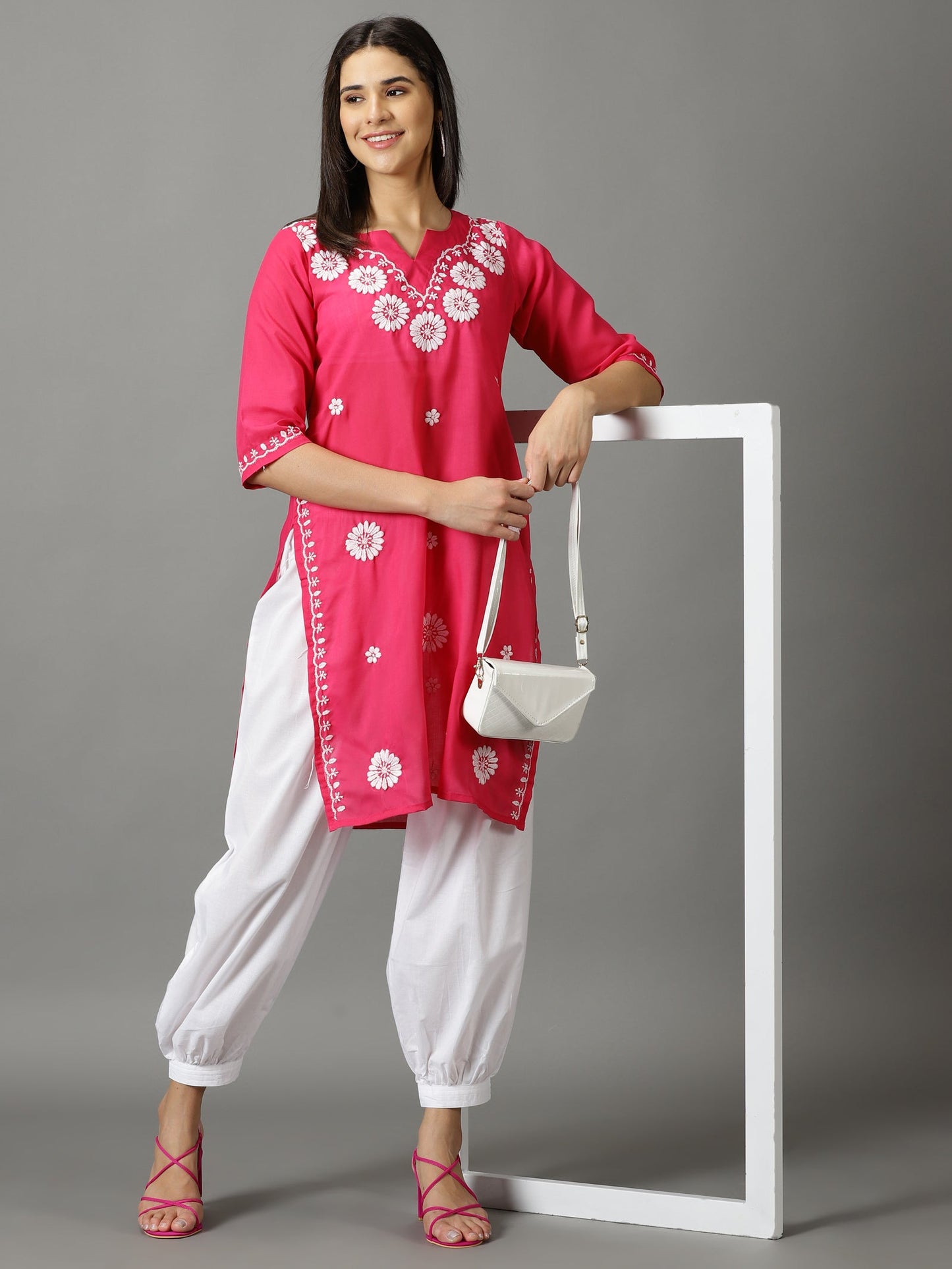 Pink Lucknowi Chikankari Kurta With Cuff Pant