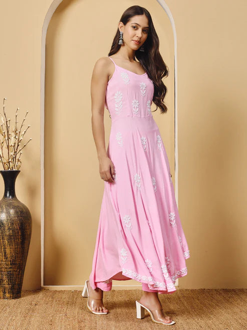 Pink Rayon Anarkali Long Chikankari Kurta