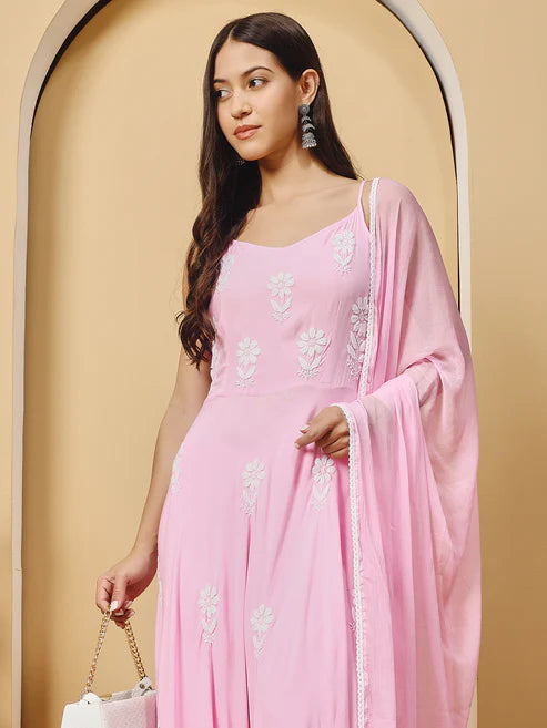 Pink Rayon Anarkali Long Chikankari Kurta