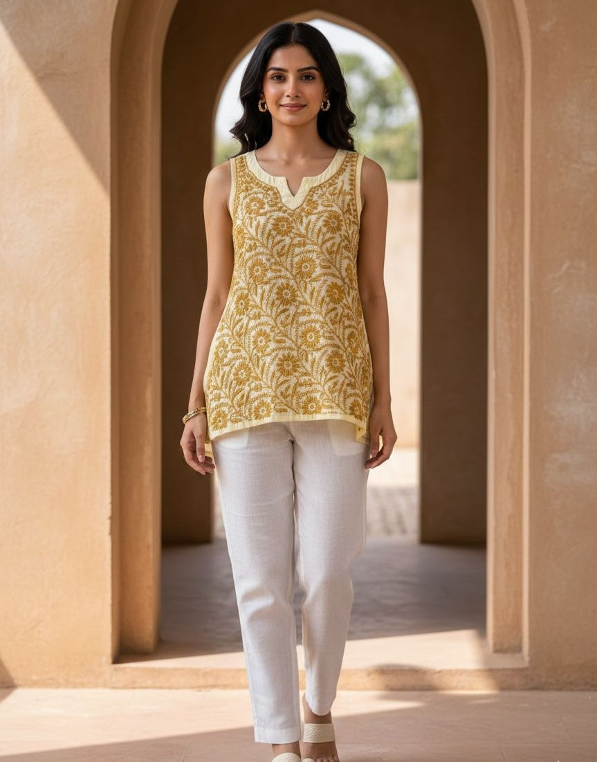 Handmade Mustard Yellow Chikankari Embroidered Sleeveless Top