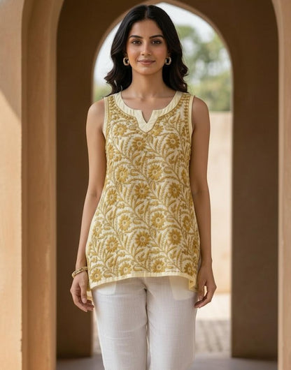 Handmade Mustard Yellow Chikankari Embroidered Sleeveless Top