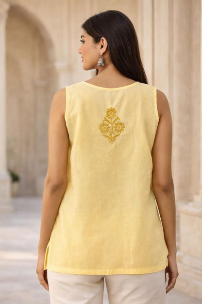 Handmade Mustard Yellow Chikankari Embroidered Sleeveless Top
