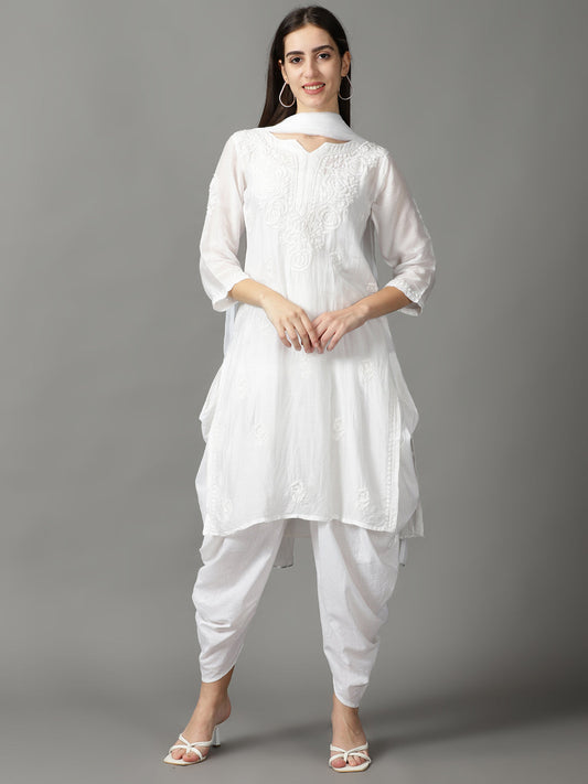 White Chikankari Cotton Kurta With Dhoti & Dupatta