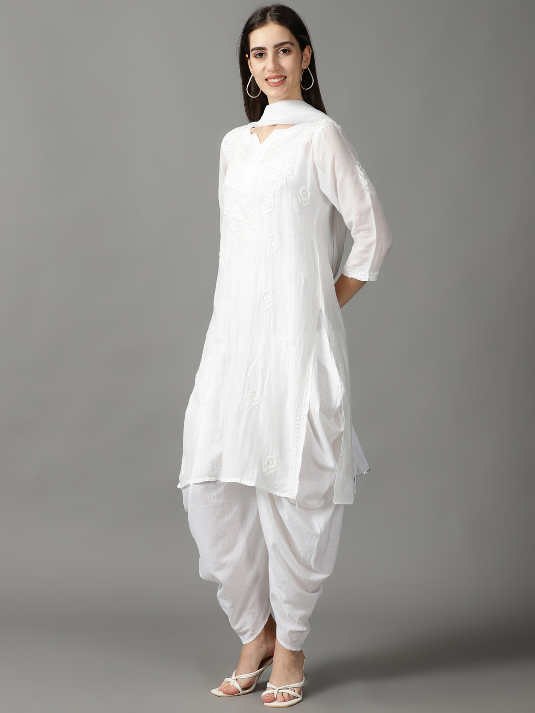 White Chikankari Cotton Kurta With Dhoti & Dupatta