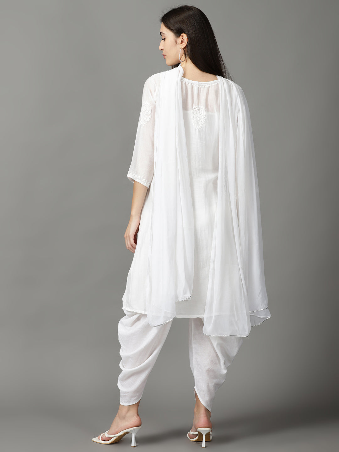 White Chikankari Cotton Kurta With Dhoti & Dupatta