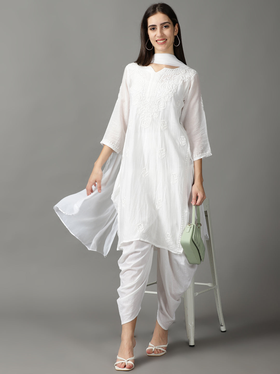 White Chikankari Cotton Kurta With Dhoti & Dupatta