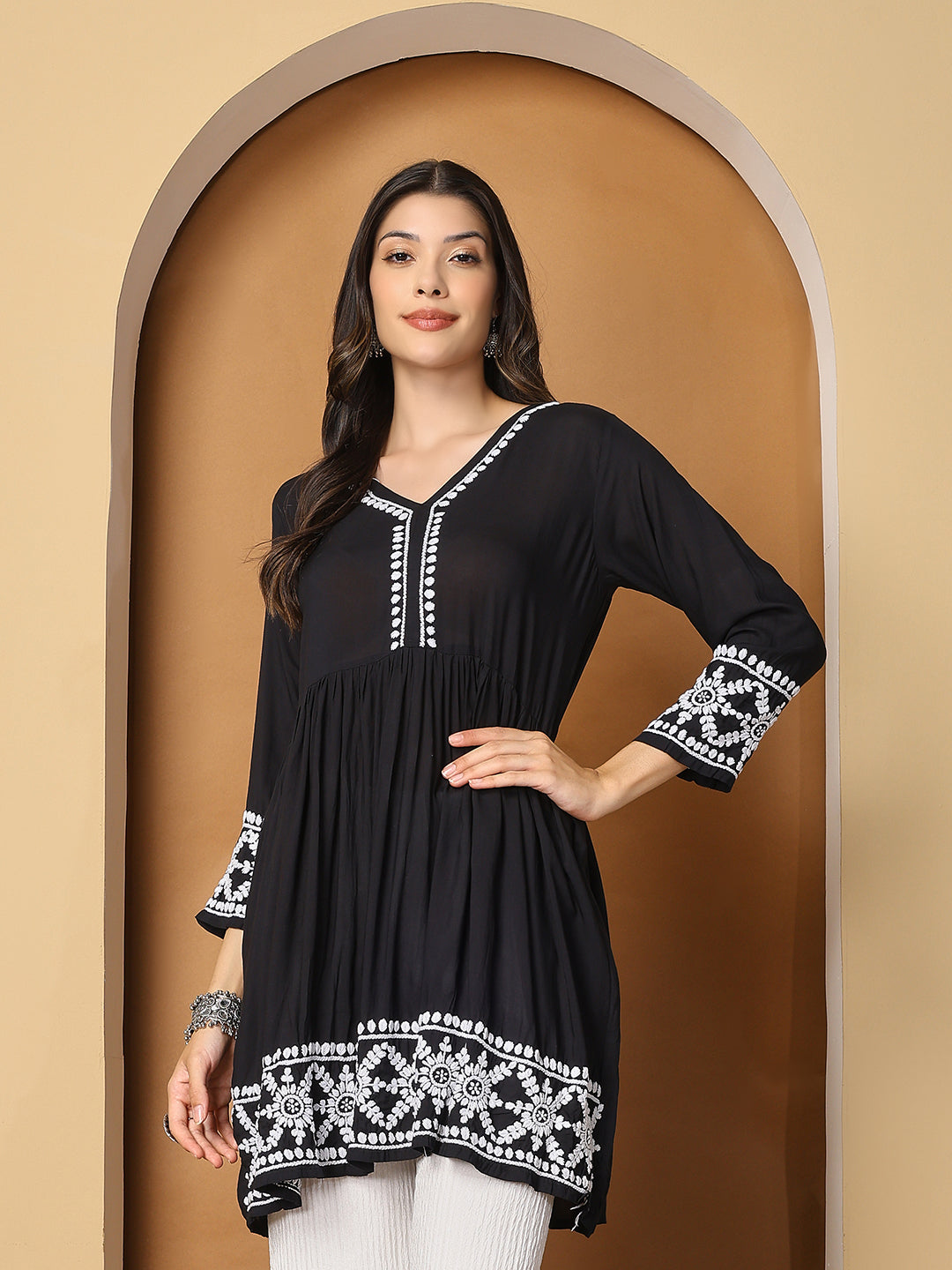 Black Modal Flared Short Kurta with White Hand Chikankari