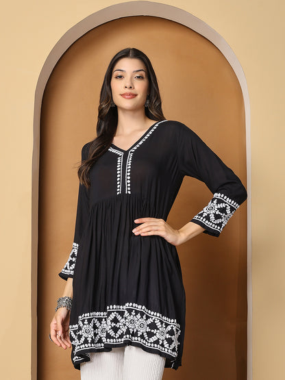 Black Modal Flared Short Kurta with White Hand Chikankari