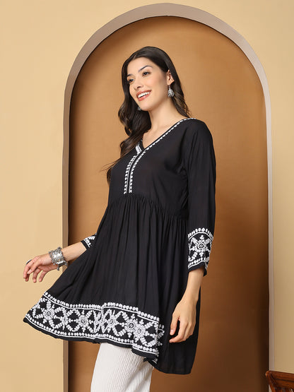 Black Modal Flared Short Kurta with White Hand Chikankari