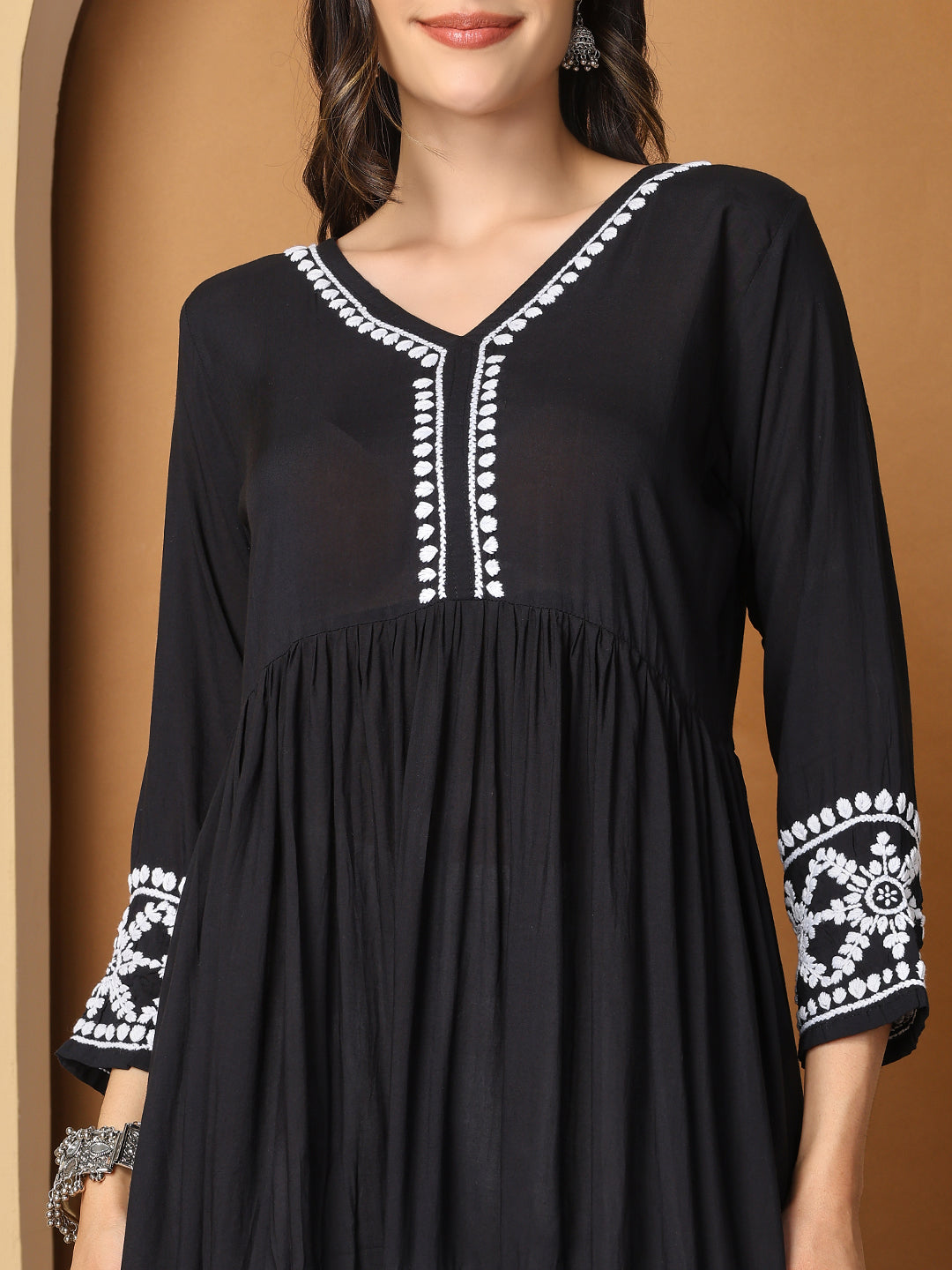Black Modal Flared Short Kurta with White Hand Chikankari