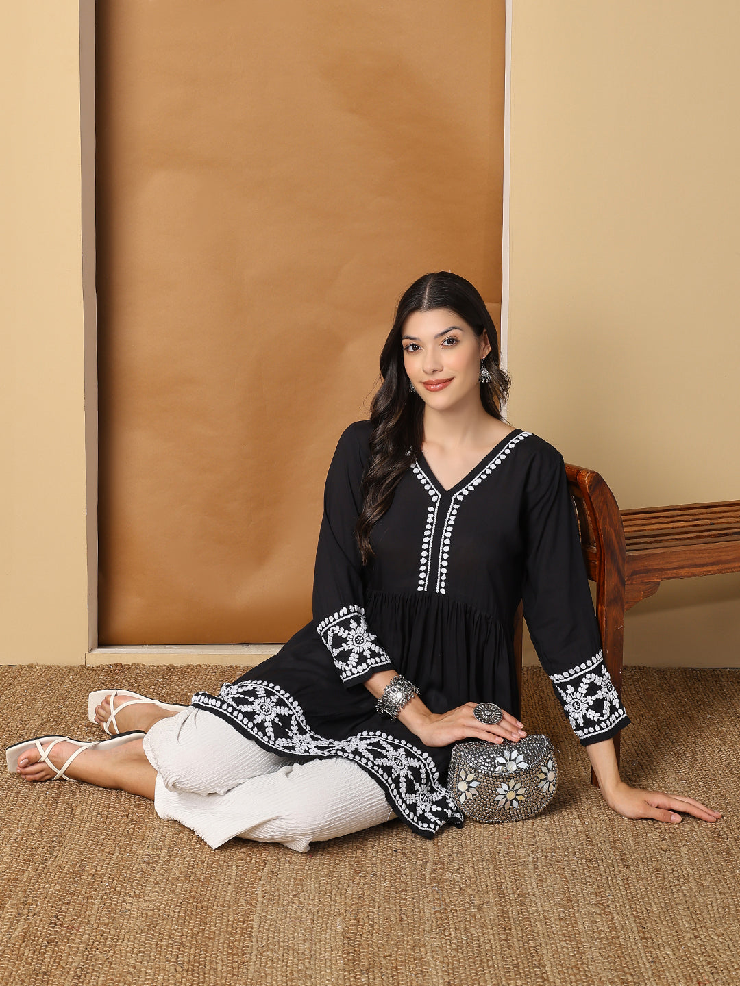 Black Modal Flared Short Kurta with White Hand Chikankari