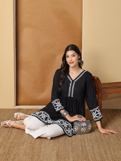Black Modal Flared Short Kurta with White Hand Chikankari