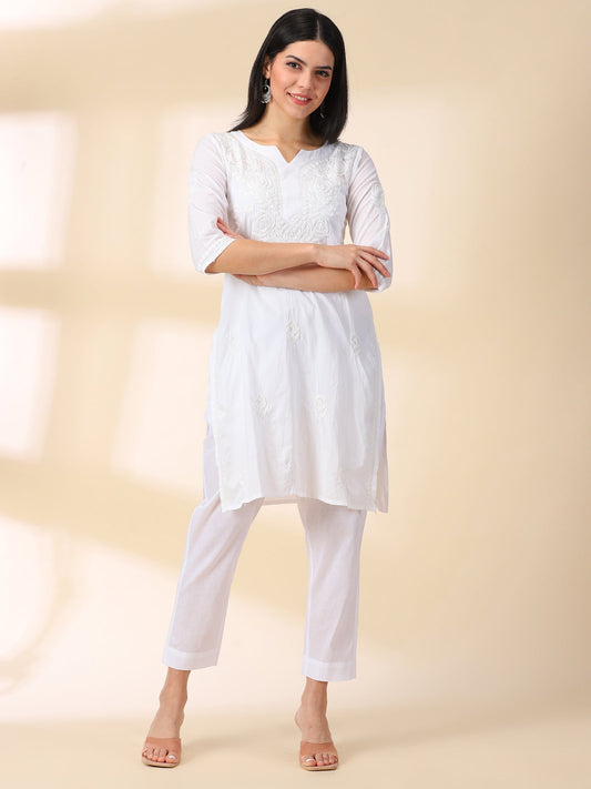 White Lucknowi Chikankari Kurta With Trouser