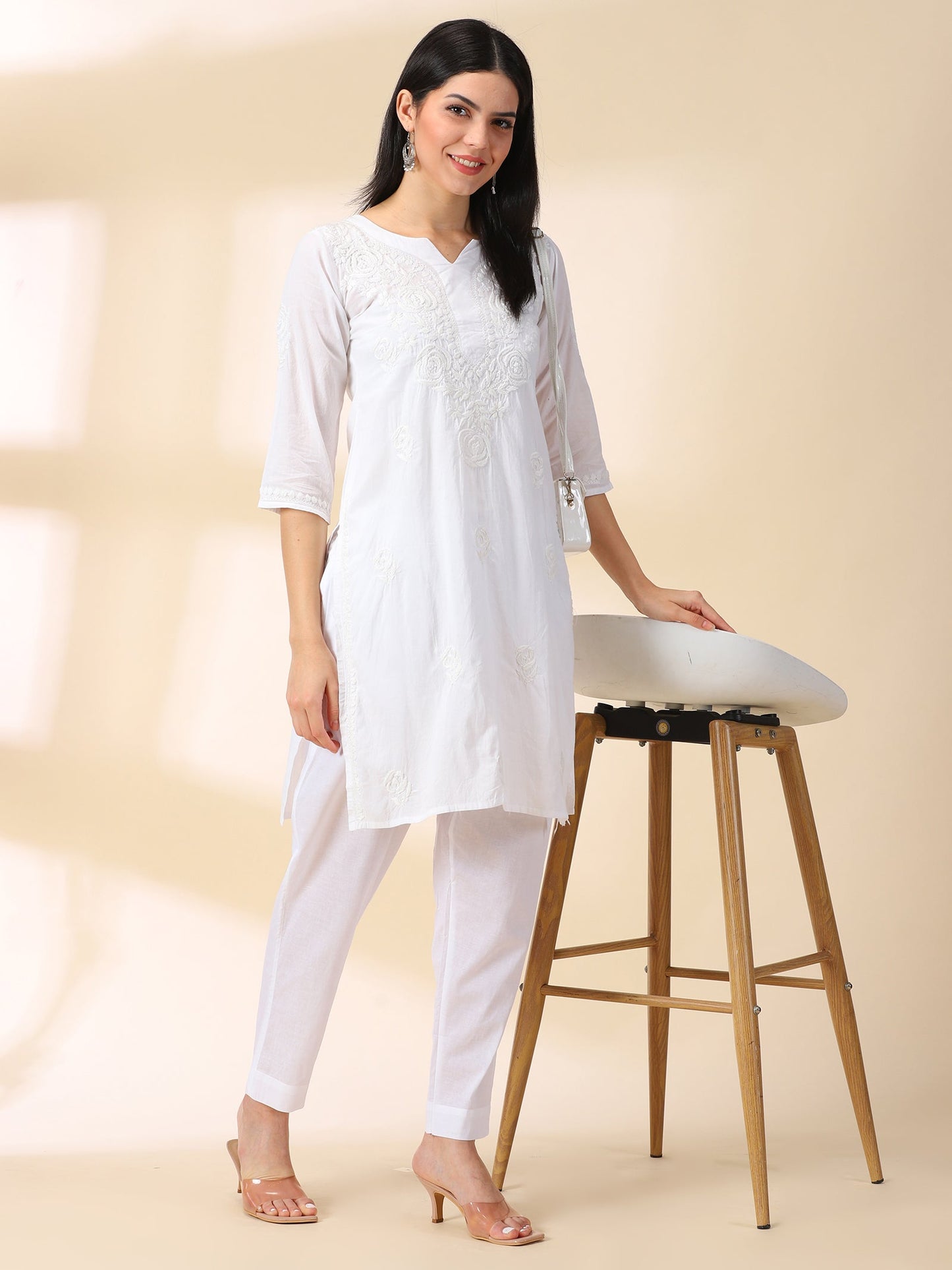 White Lucknowi Chikankari Kurta With Trouser