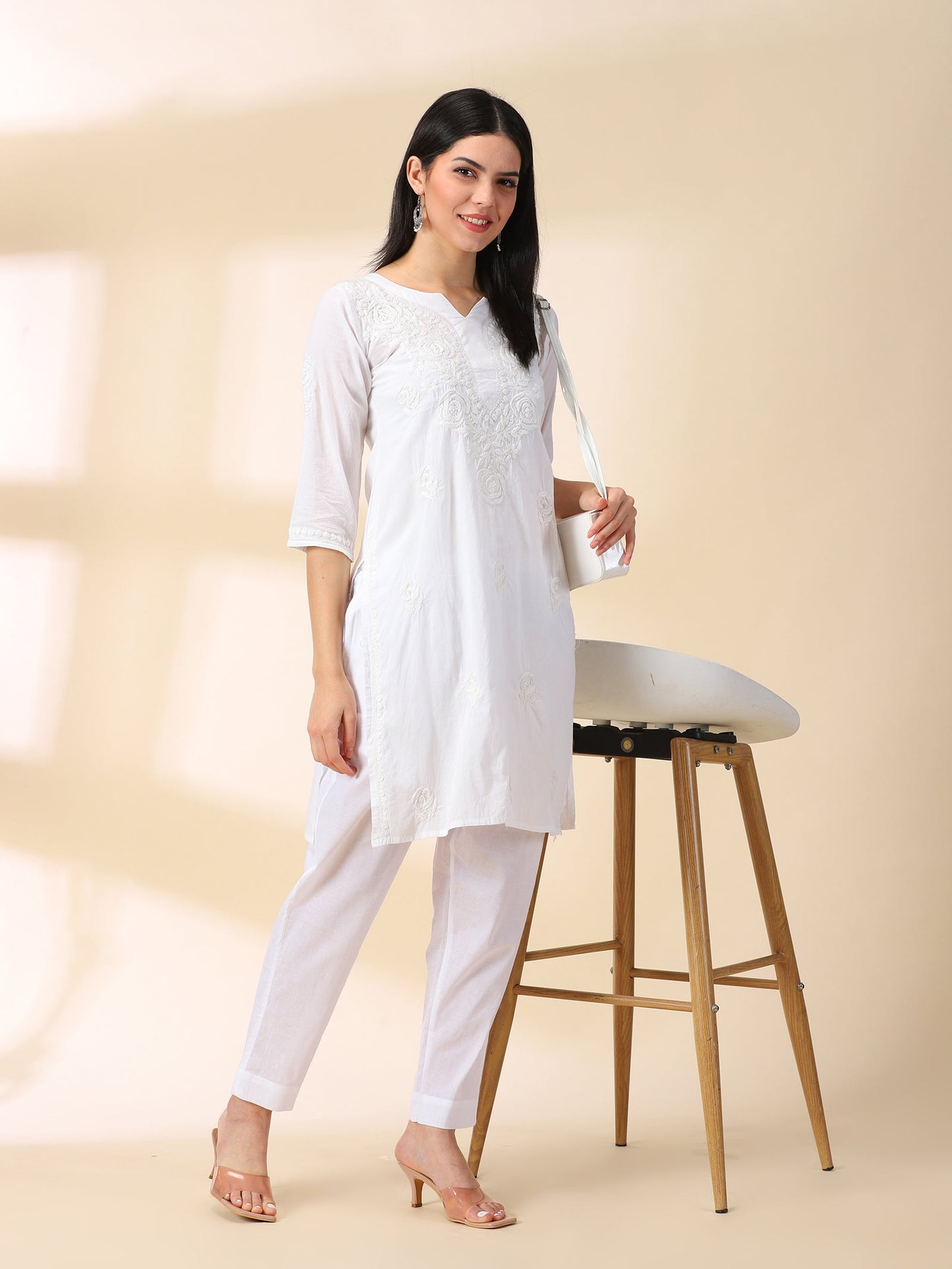 White Lucknowi Chikankari Kurta With Trouser