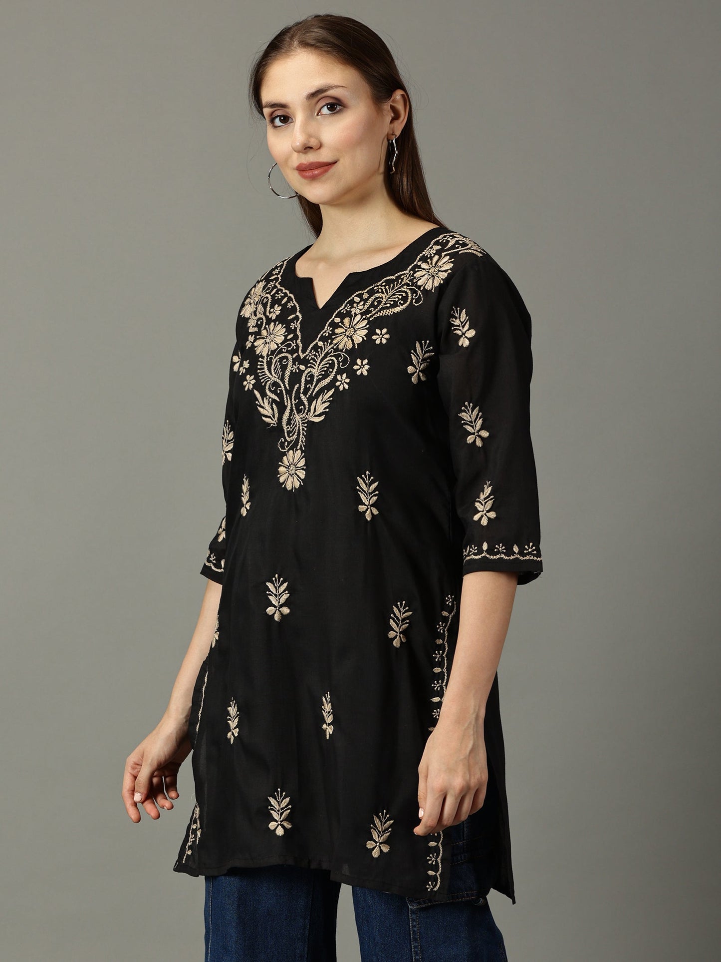 Women Black Lucknowi Chikankari Cotton Kurta