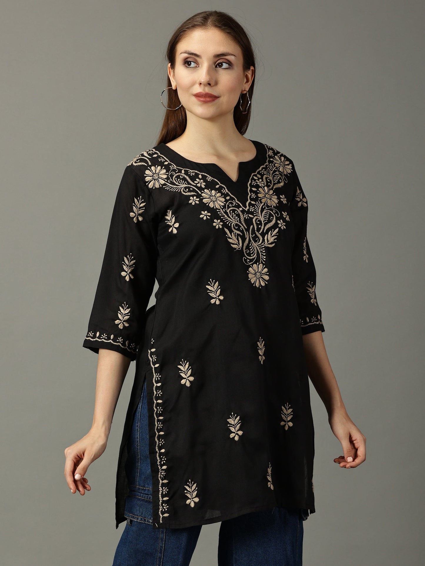 Women Black Lucknowi Chikankari Cotton Kurta