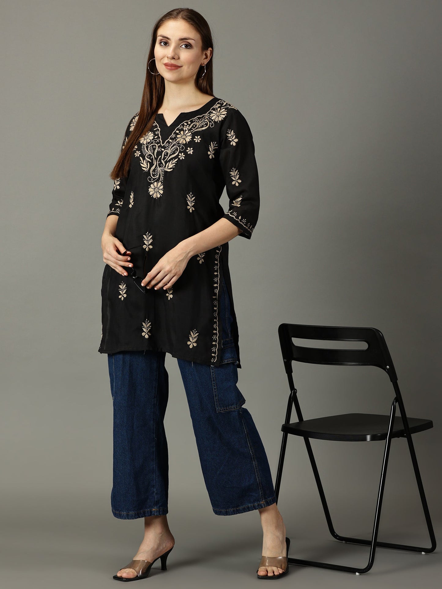 Women Black Lucknowi Chikankari Cotton Kurta