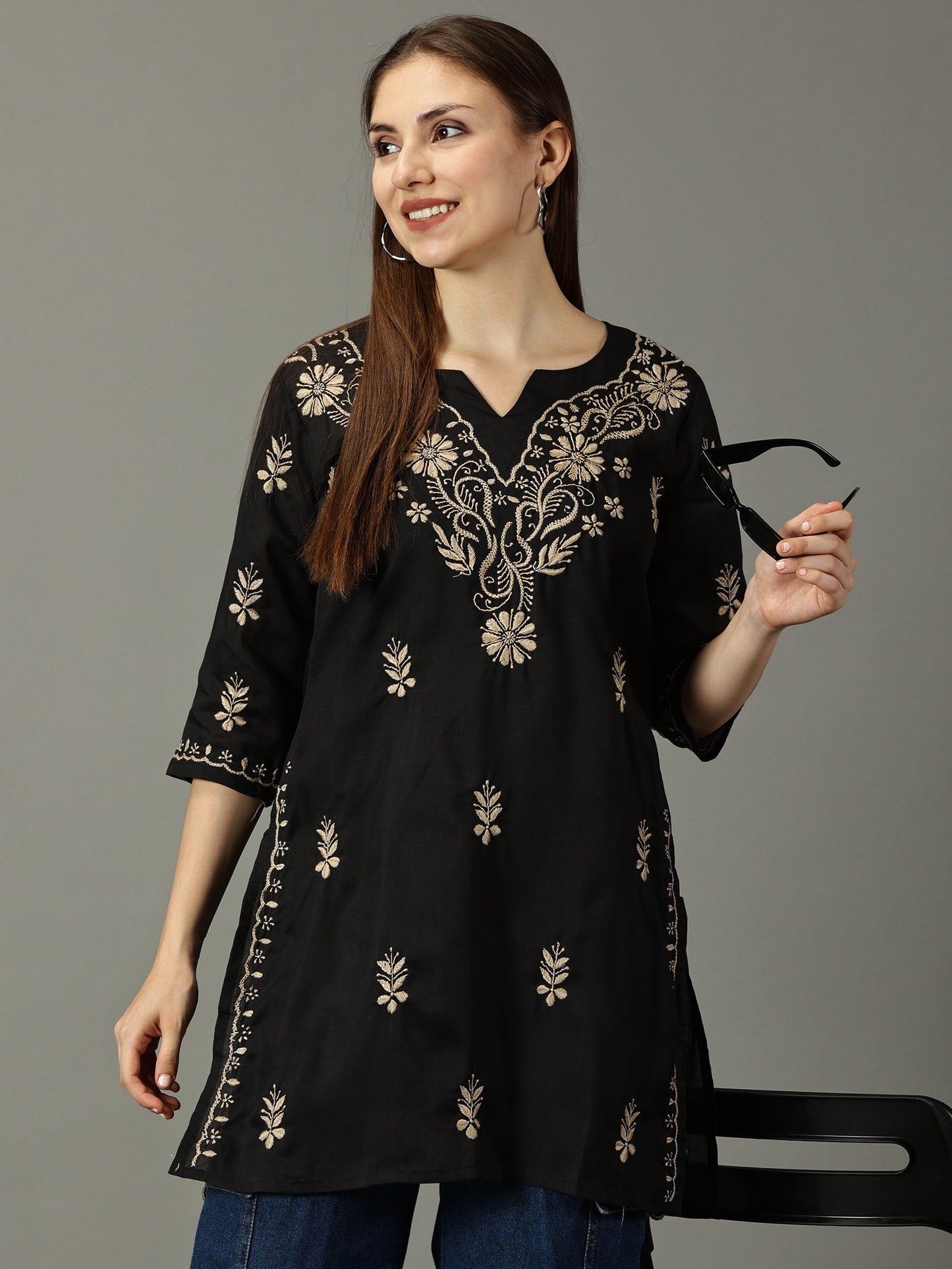 Women Black Lucknowi Chikankari Cotton Kurta