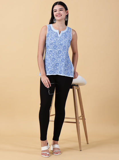 Blue Sleeveless Cotton Chikankari Top