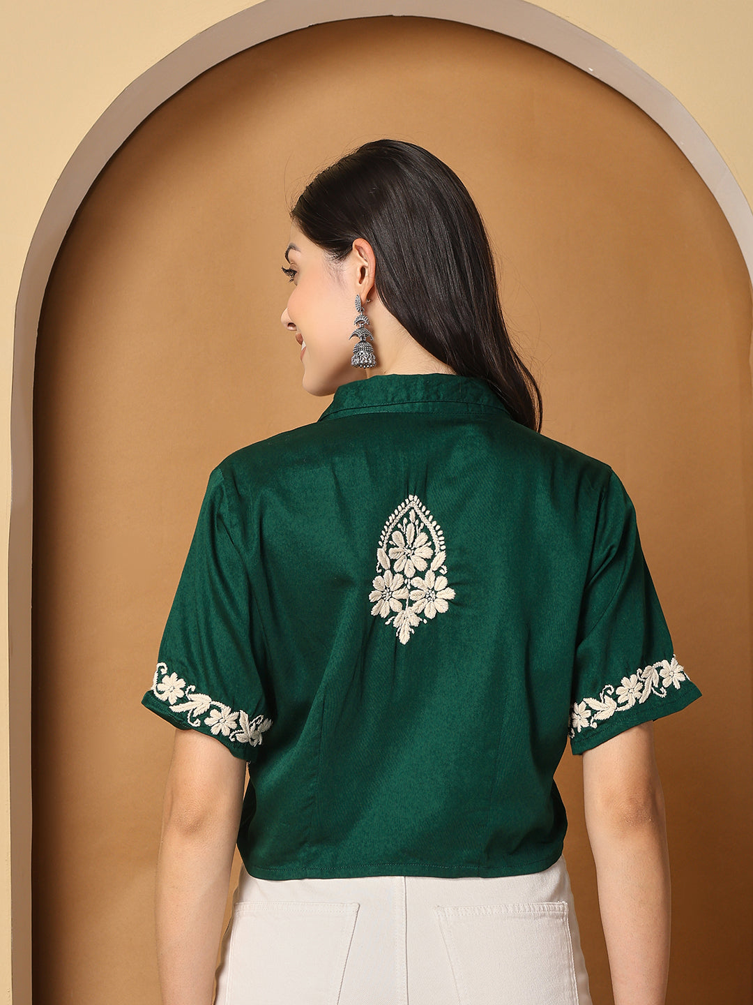 Women Green  Chanderi Hand Chikankari Top