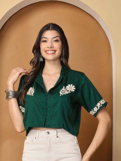 Women Green  Chanderi Hand Chikankari Top