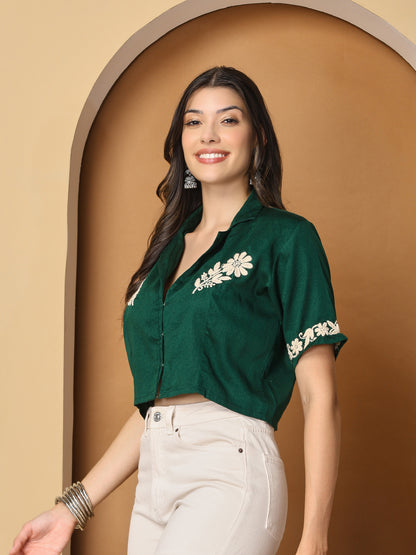 Women Green  Chanderi Hand Chikankari Top