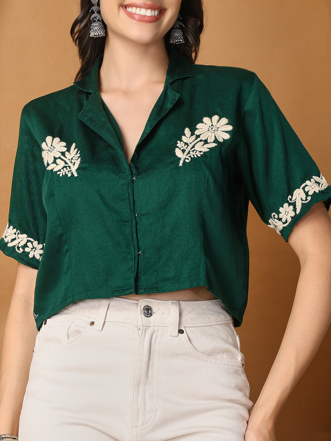 Women Green  Chanderi Hand Chikankari Top