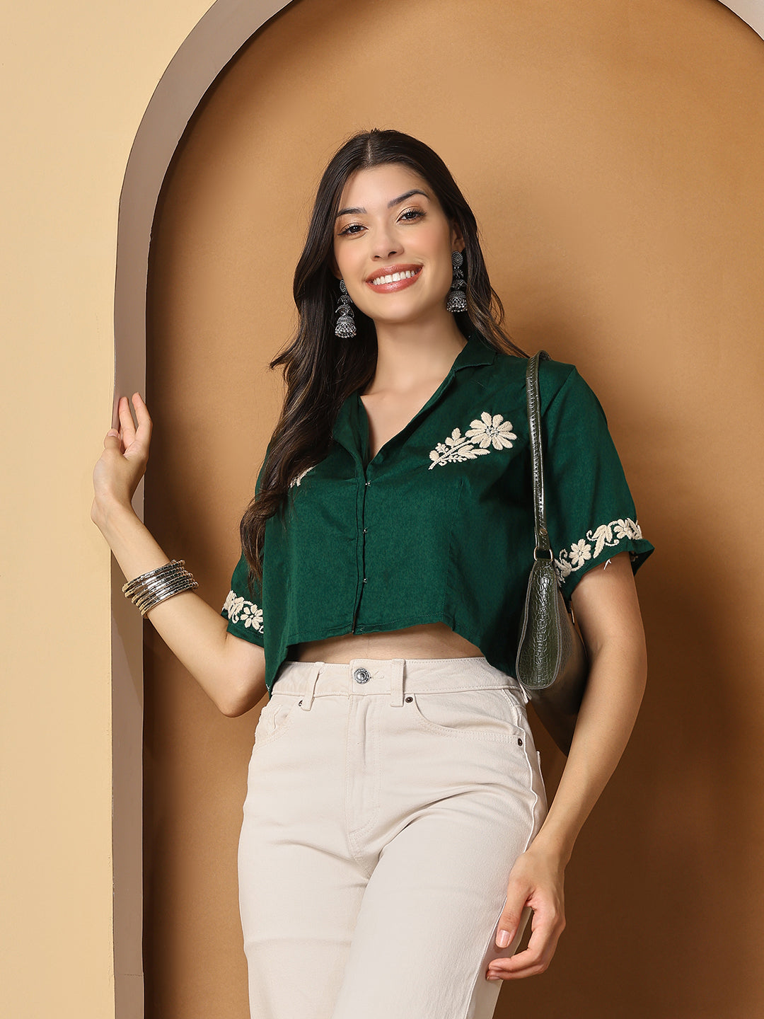 Women Green  Chanderi Hand Chikankari Top