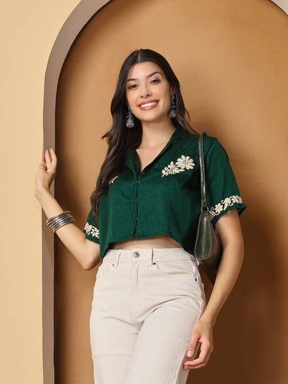 Women Green  Chanderi Hand Chikankari Top