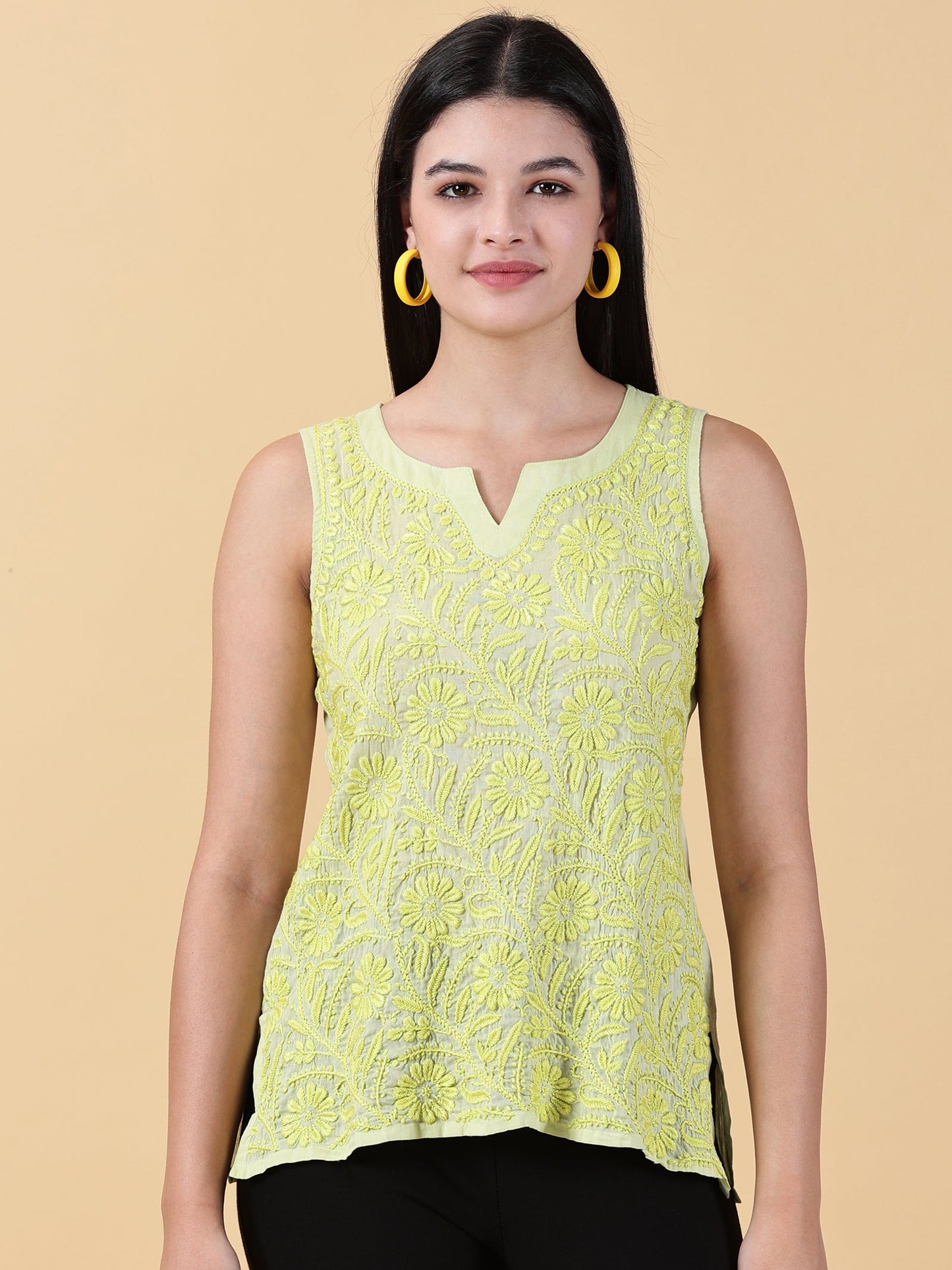 Women Green Cotton Chikankari Top