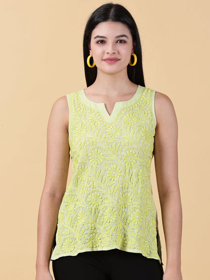 Green Sleeveless Cotton Chikankari Top