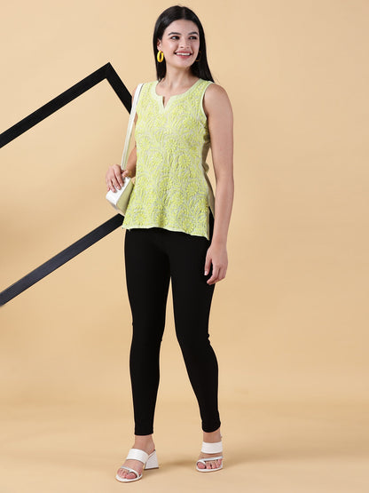 Green Sleeveless Cotton Chikankari Top