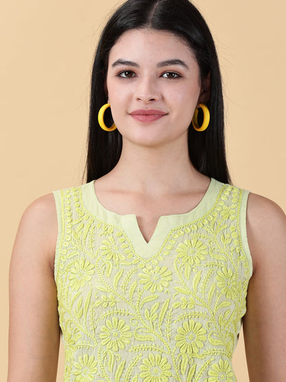 Green Sleeveless Cotton Chikankari Top