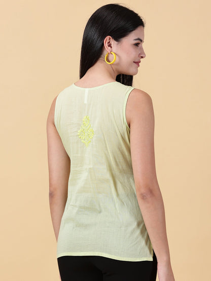Green Sleeveless Cotton Chikankari Top