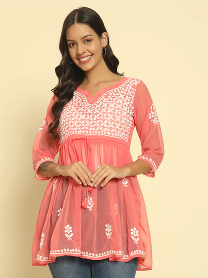Hand Embroidered Pink Lucknowi Chikan Georgette A-line Kurti