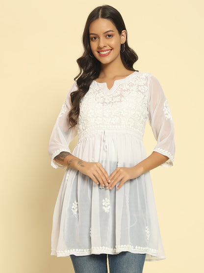 White Chikankari Georgette A-line Kurti
