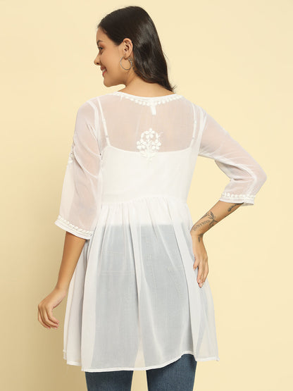 White Chikankari Georgette A-line Kurti