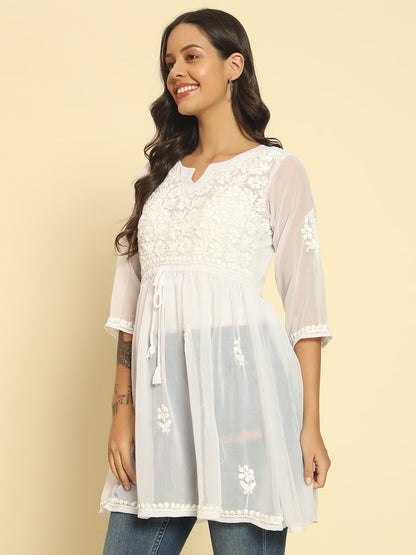 White Chikankari Georgette A-line Kurti