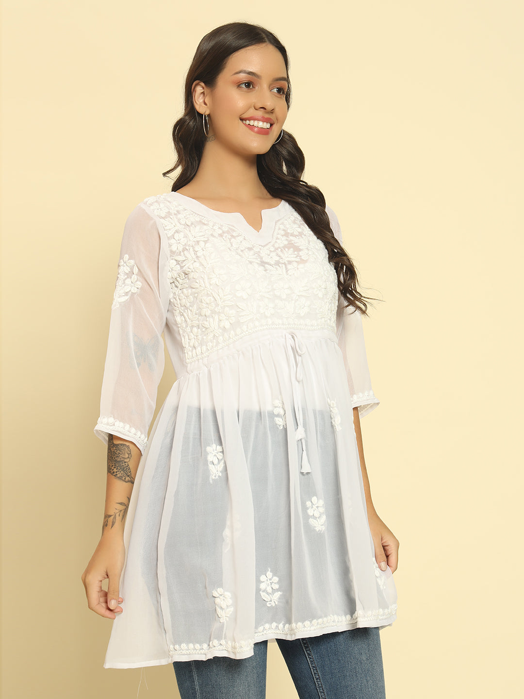 Women Hand Embroidered Lucknowi Chikankari White Georgette A-line Kurti