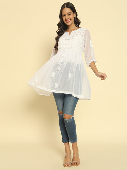 White Chikankari Georgette A-line Kurti