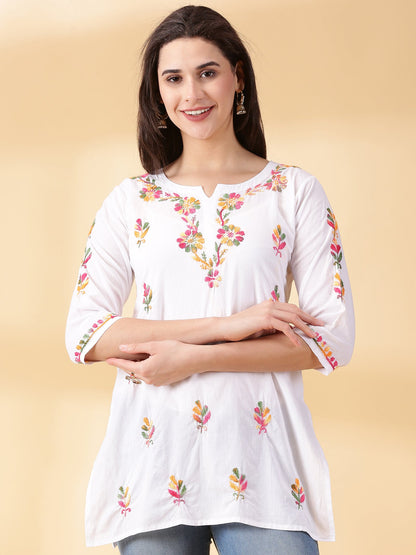 White Cotton Multi Embroidered Chikankari kurta