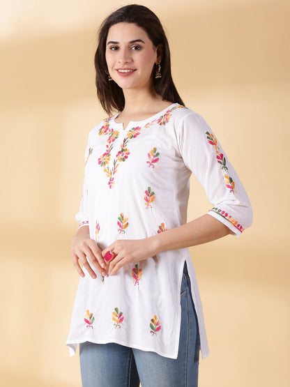 White Cotton Multi Embroidered Chikankari kurta