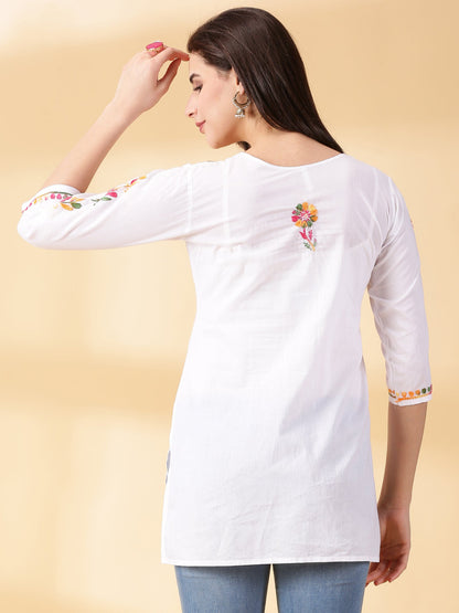 White Cotton Multi Embroidered Chikankari kurta