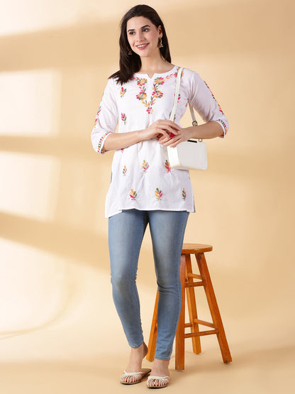 White Cotton Multi Embroidered Chikankari kurta