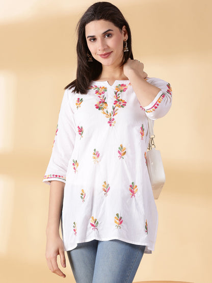 White Cotton Multi Embroidered Chikankari kurta
