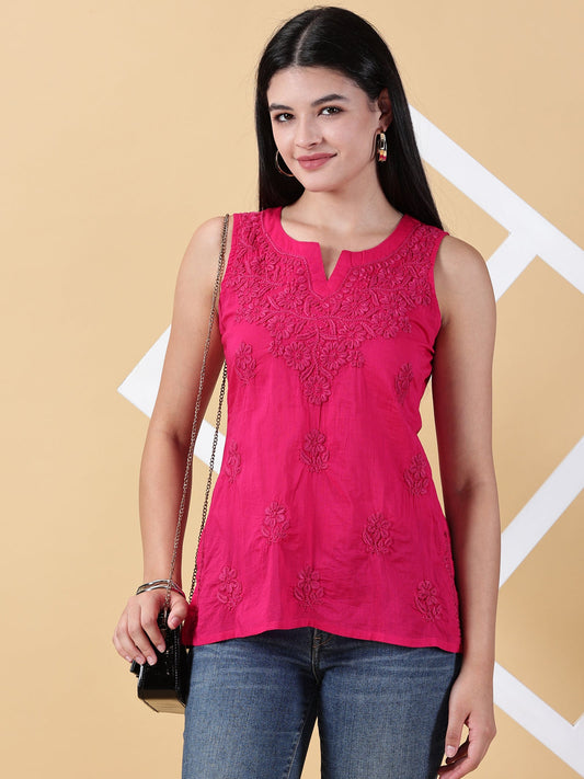 Women Pink Cotton Chikankari Top